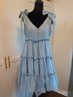 Free the Roses Pale Blue Tie-Shoulder Tiered Mini Dress
